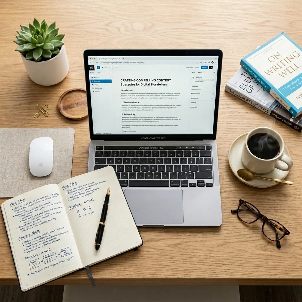 Content writer workspace with laptop showing blog draft and notebook with article outline
