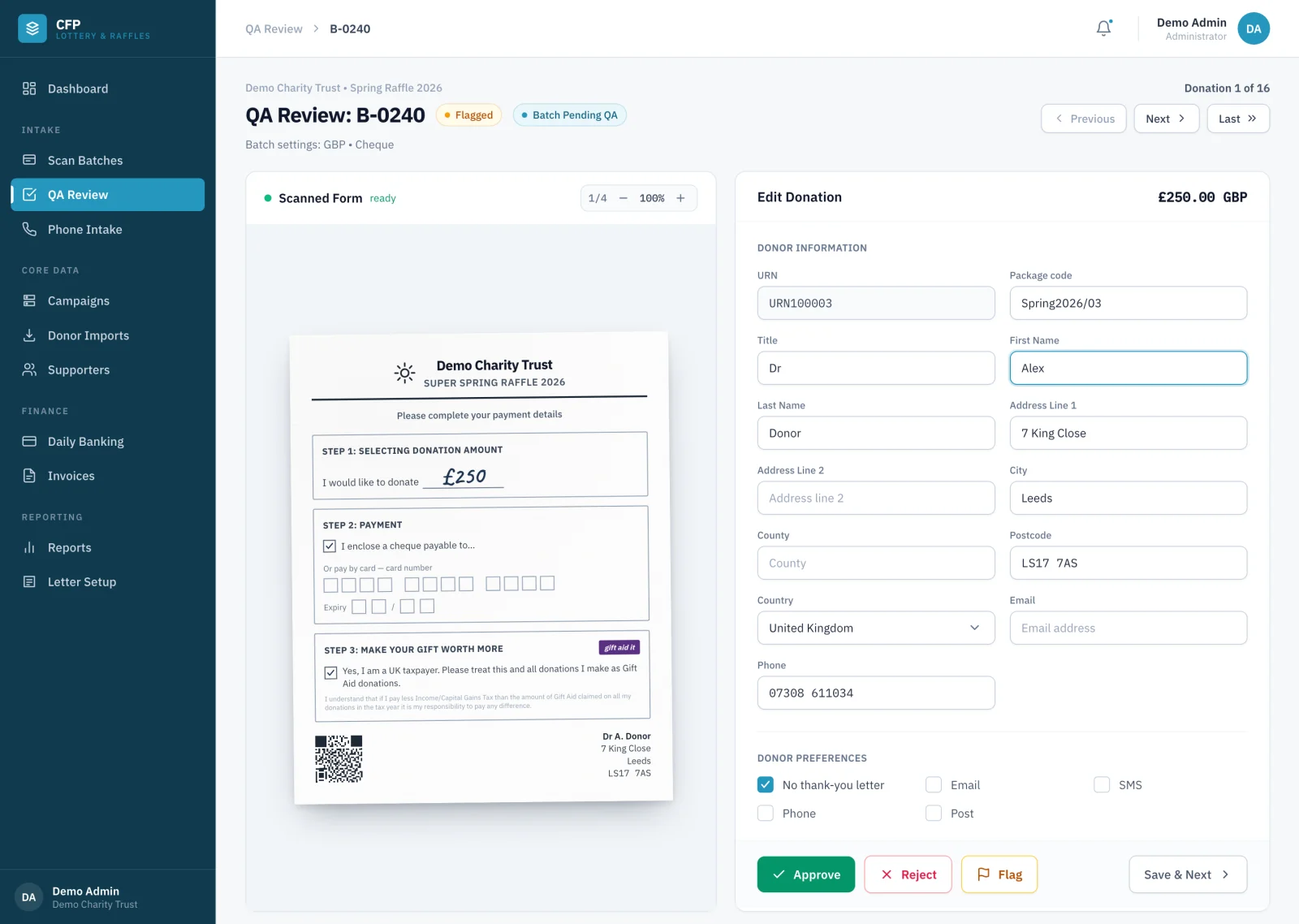 Insyte QA review screen showing a scanned donation form beside OCR-extracted donor fields
