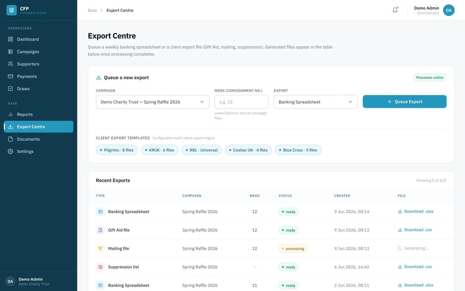 CFP Raffle export centre with per-client export templates and recent export jobs