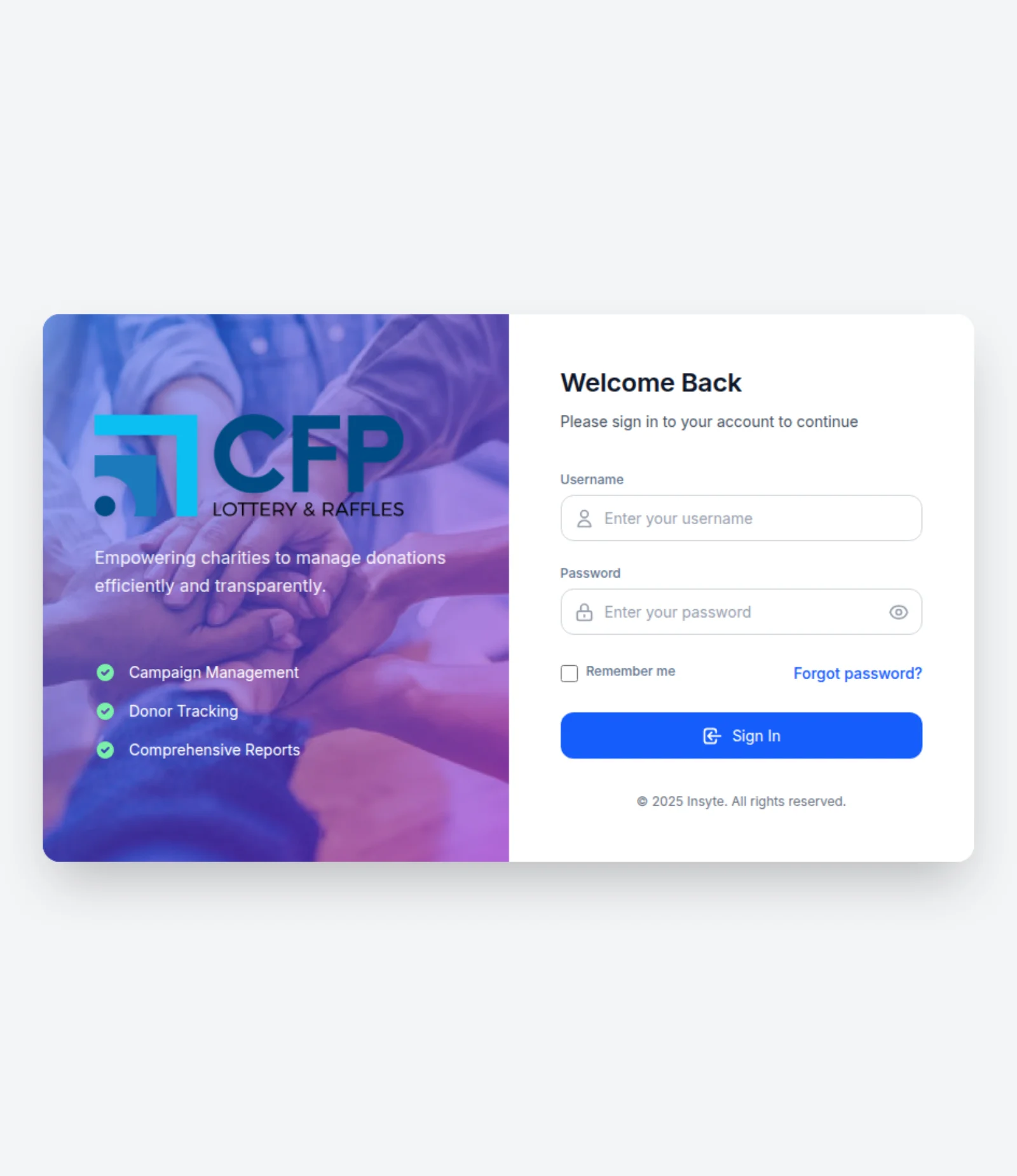 CFP Raffle secure sign-in screen with CFP Lottery & Raffles branding
