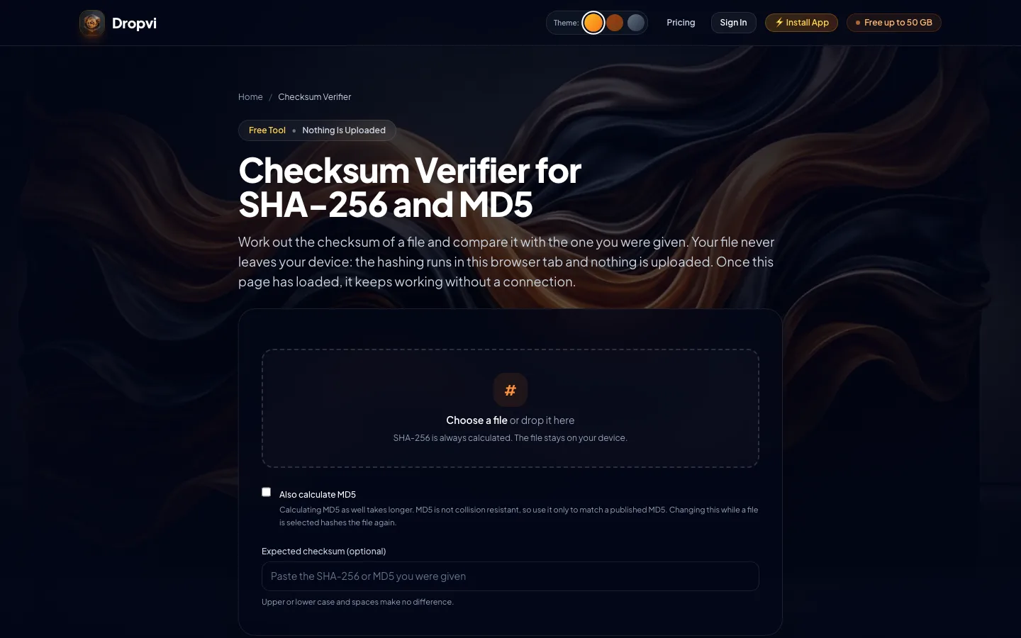 Dropvi free checksum verifier tool for SHA-256 and MD5
