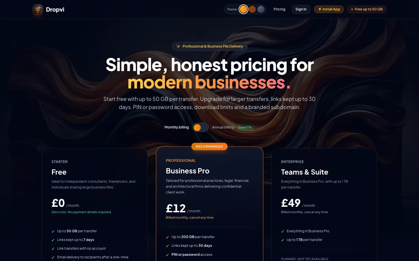 Dropvi pricing page with Free, Business Pro and Teams and Suite plans