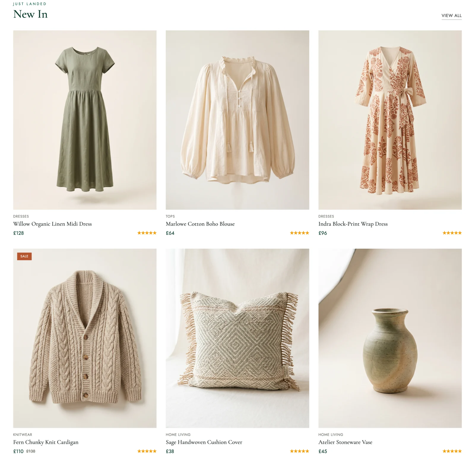 Emerald Atelier New In product grid with sustainable dresses, knitwear and home decor