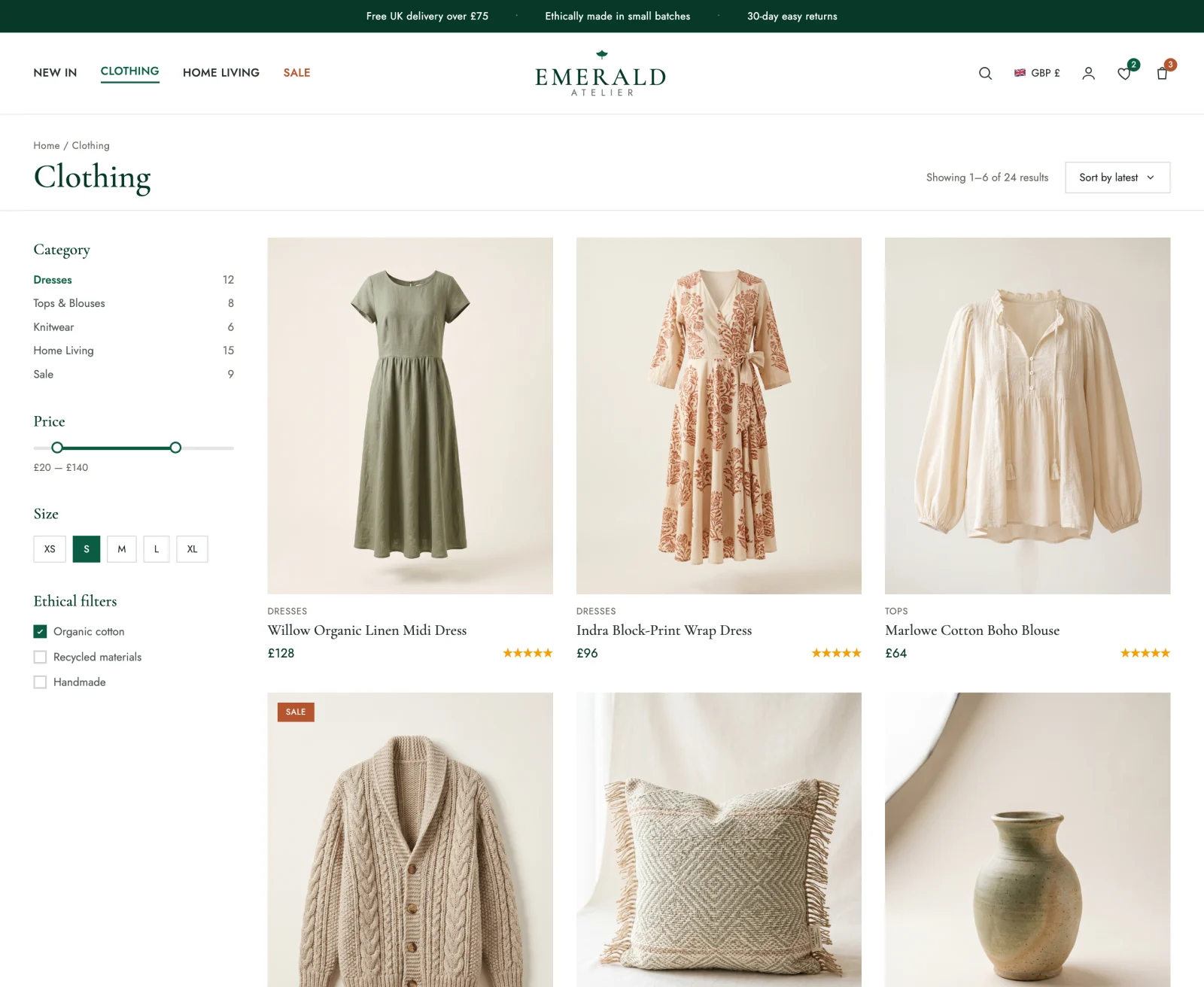 Emerald Atelier clothing category page with WooCommerce filters and product grid