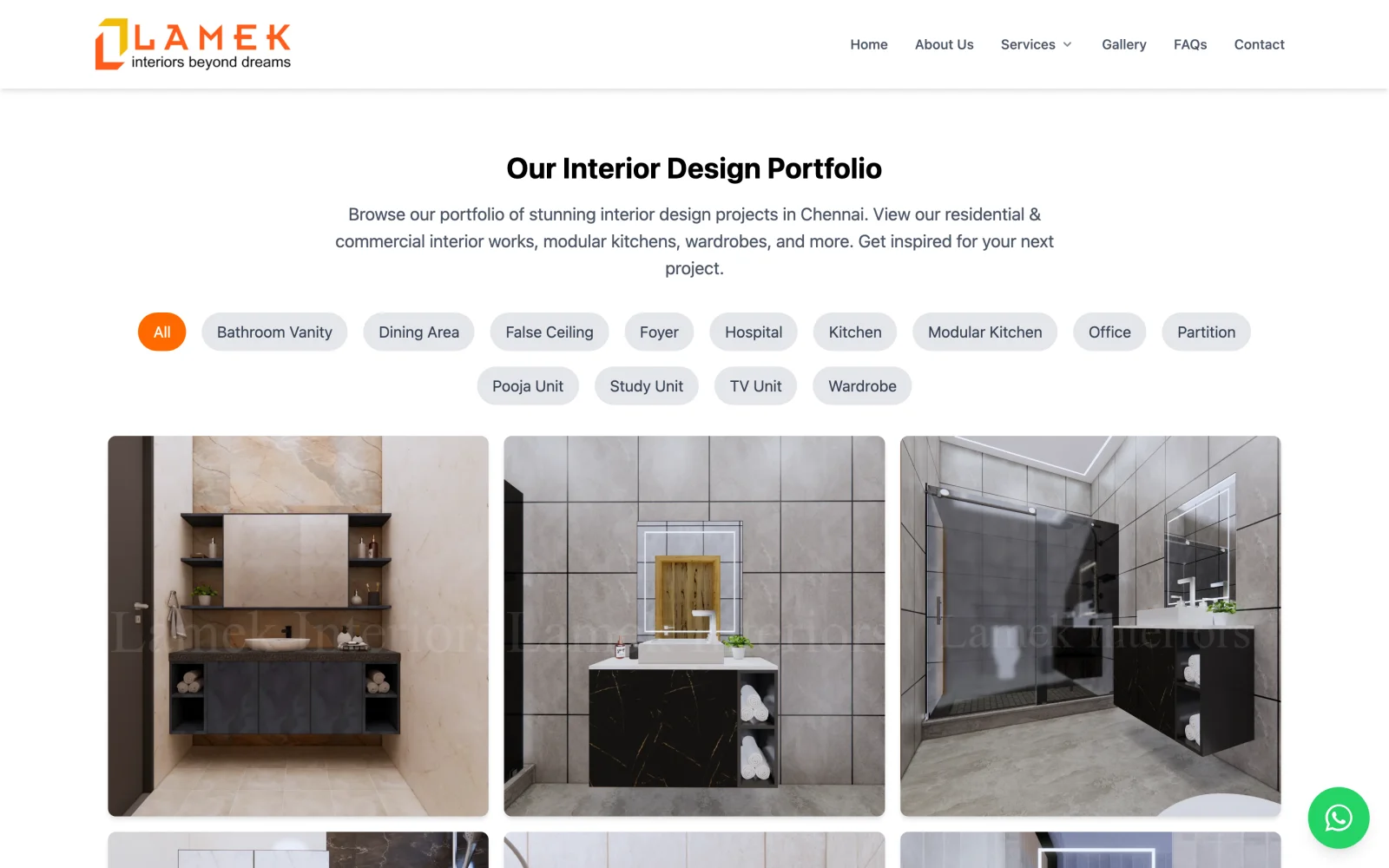 Lamek Interiors portfolio gallery page with filterable interior design projects