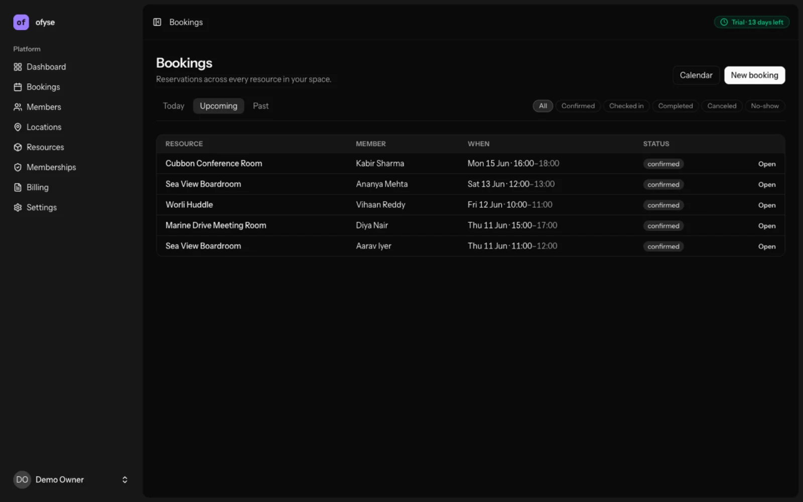 Ofyse bookings calendar showing meeting room and desk reservations