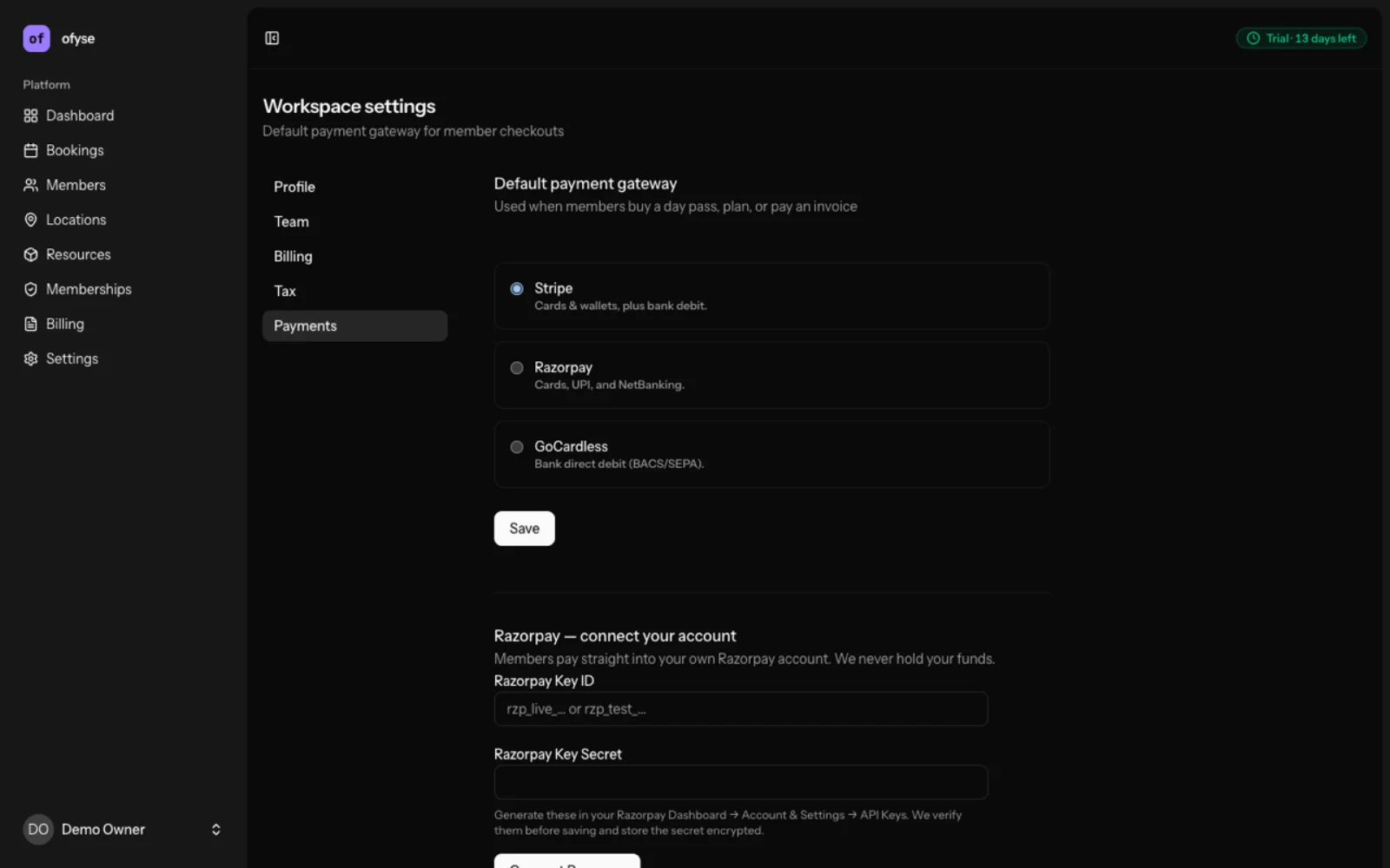 Ofyse payment gateway settings with Stripe, Razorpay and GoCardless