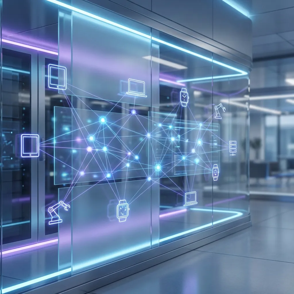A modern IT infrastructure visualization showing connected devices