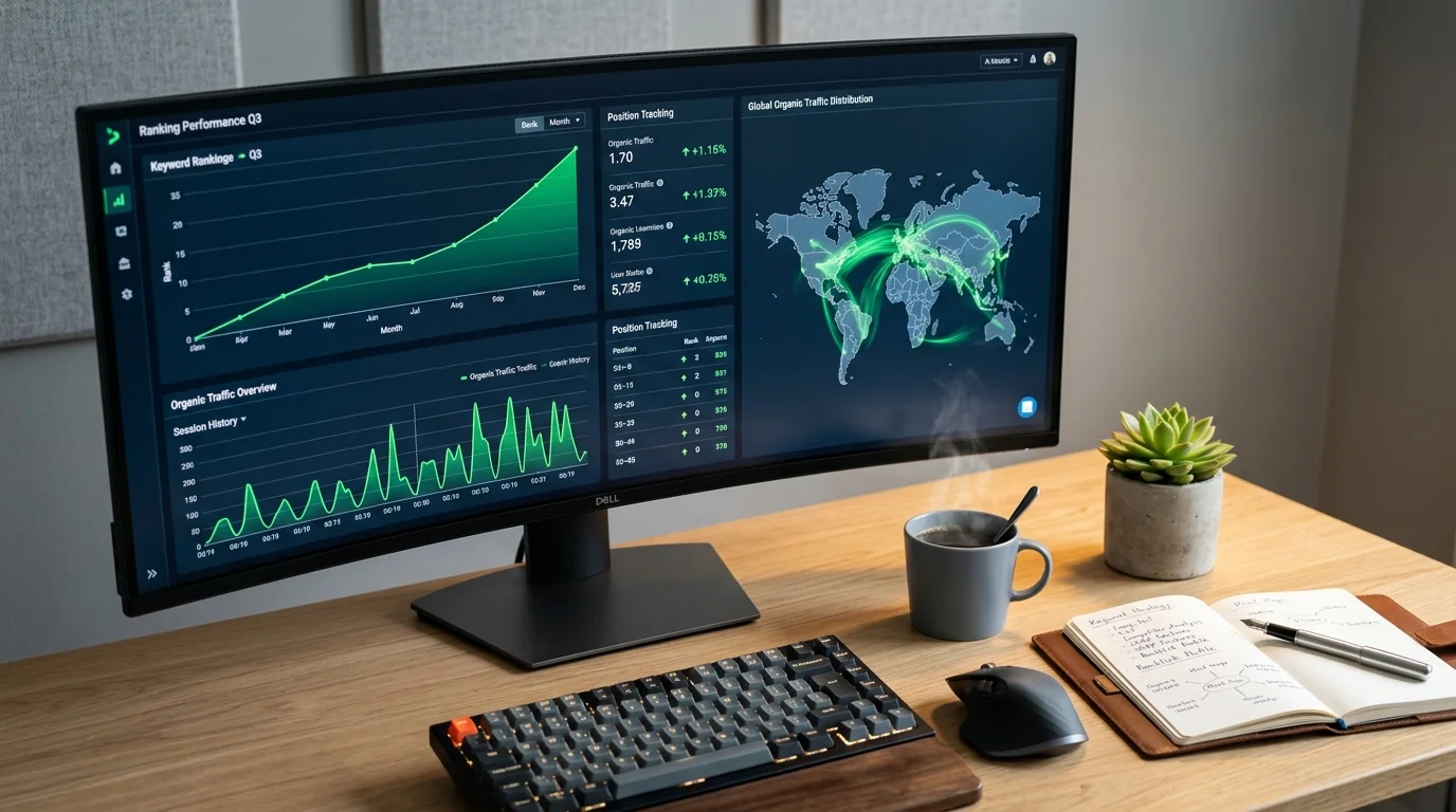 SEO analytics workspace showing keyword ranking and traffic dashboards