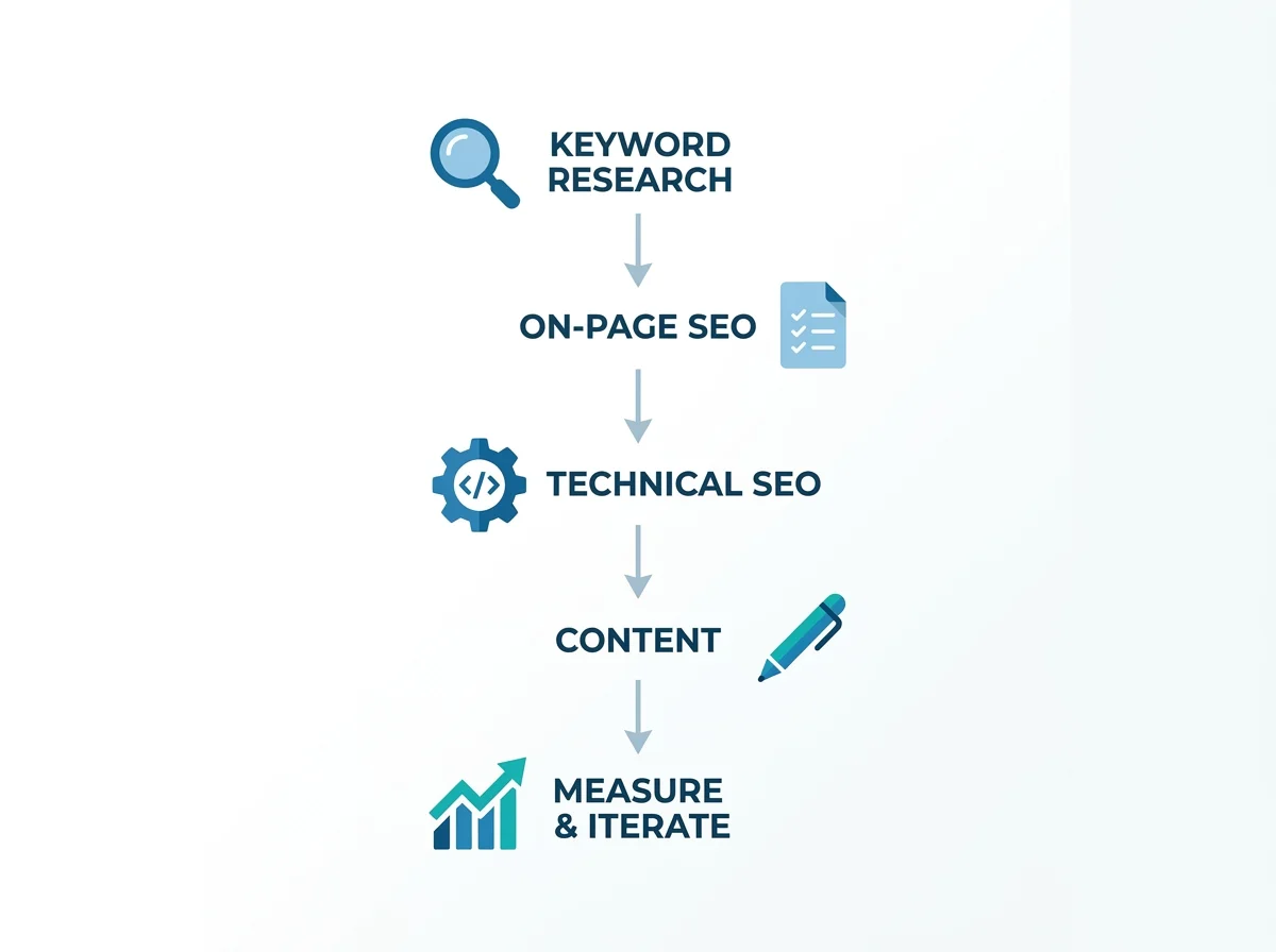 Our SEO Process Diagram: Keyword Research → On-Page → Technical → Content → Measure & Iterate