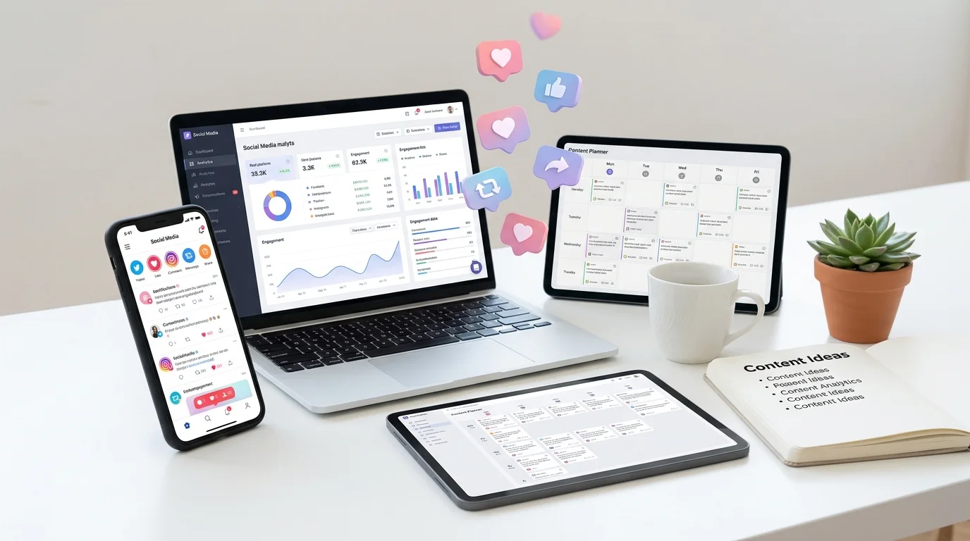 Social media marketing workspace with analytics dashboard, content planner and engagement icons