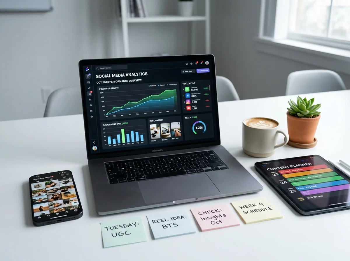 Social media analytics workspace showing follower growth charts and content calendar