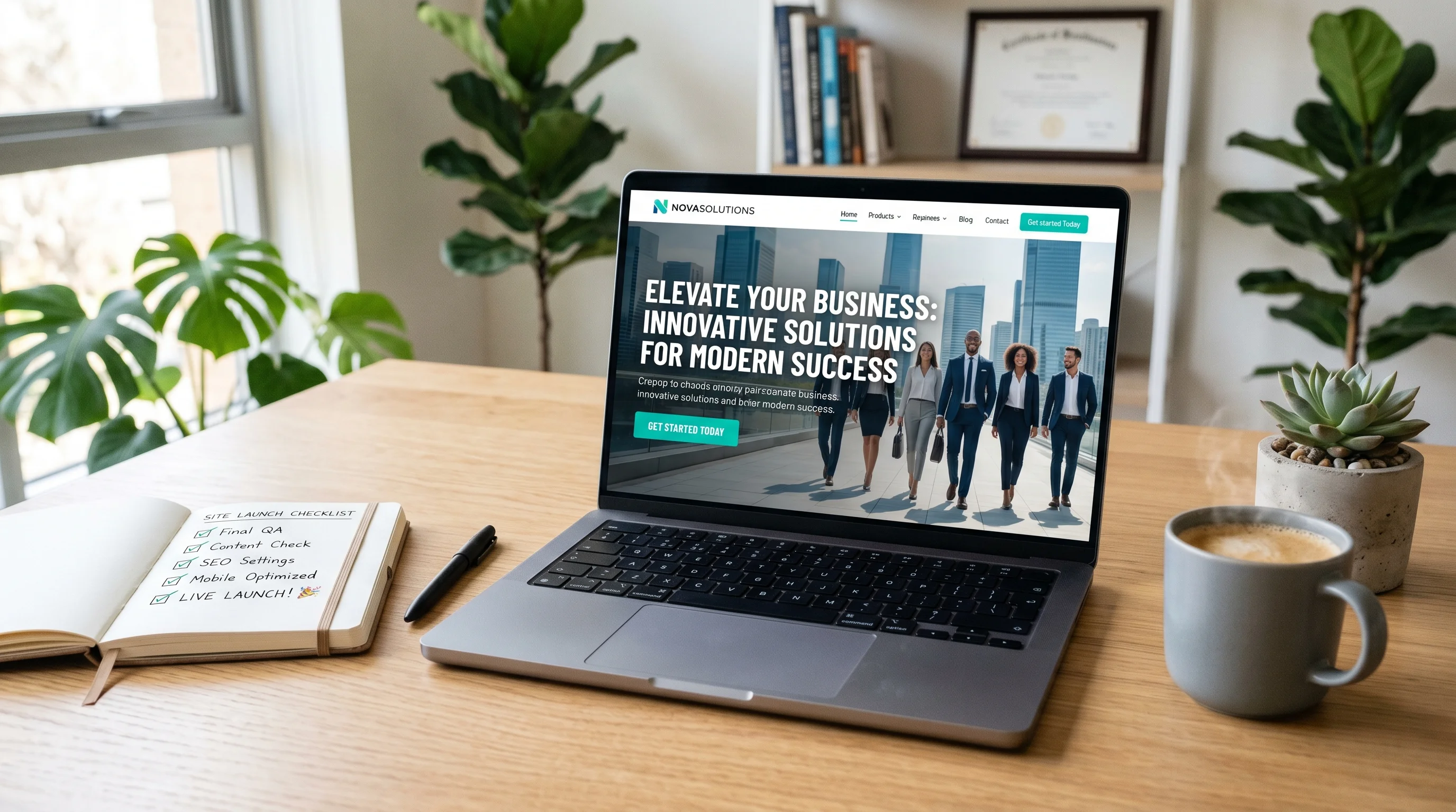 A modern laptop showing a finished website at launch