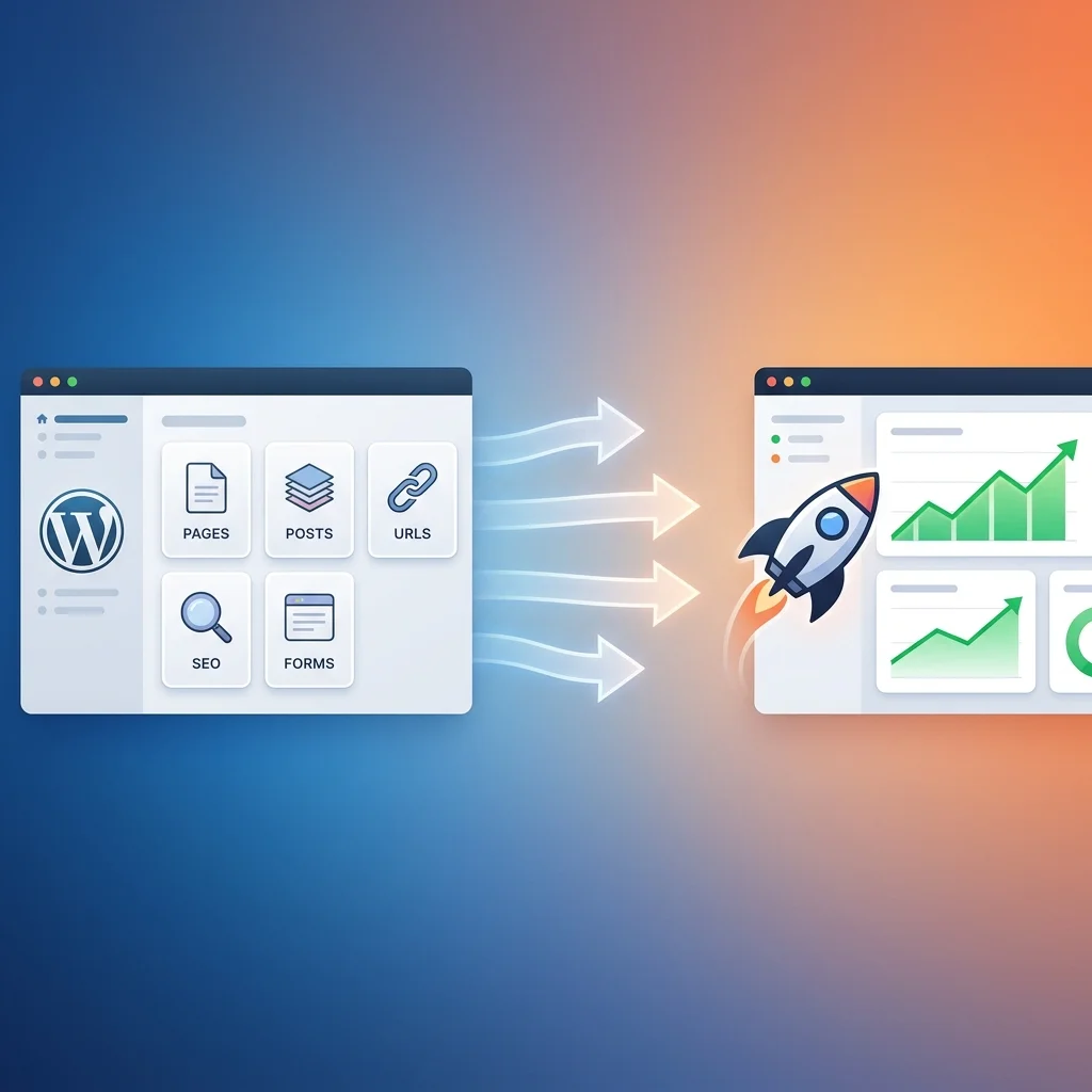 WordPress to Astro migration diagram showing pages, posts, URLs, SEO and forms transferring to a fast Astro site with analytics